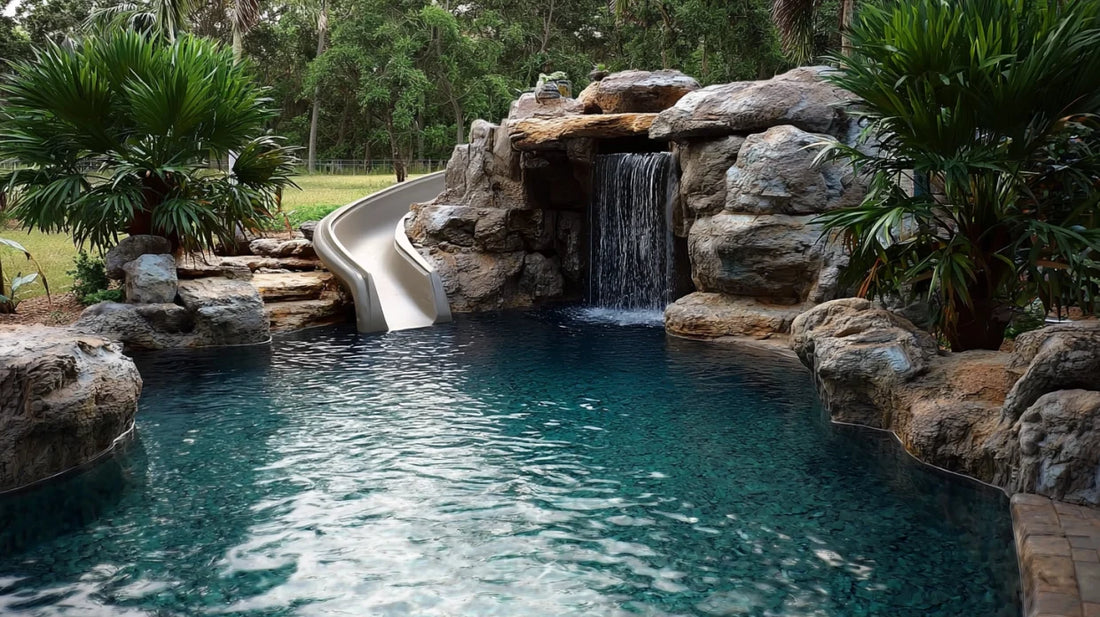 Ready-made rock waterfall for the garden and pool – design Ancient Pool Rock Waterfall (visualization)