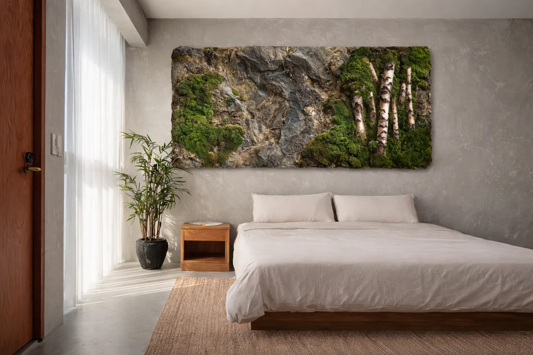 Artificial vertical garden with birch trunks – design Birch Forest Green Wall (visualization)