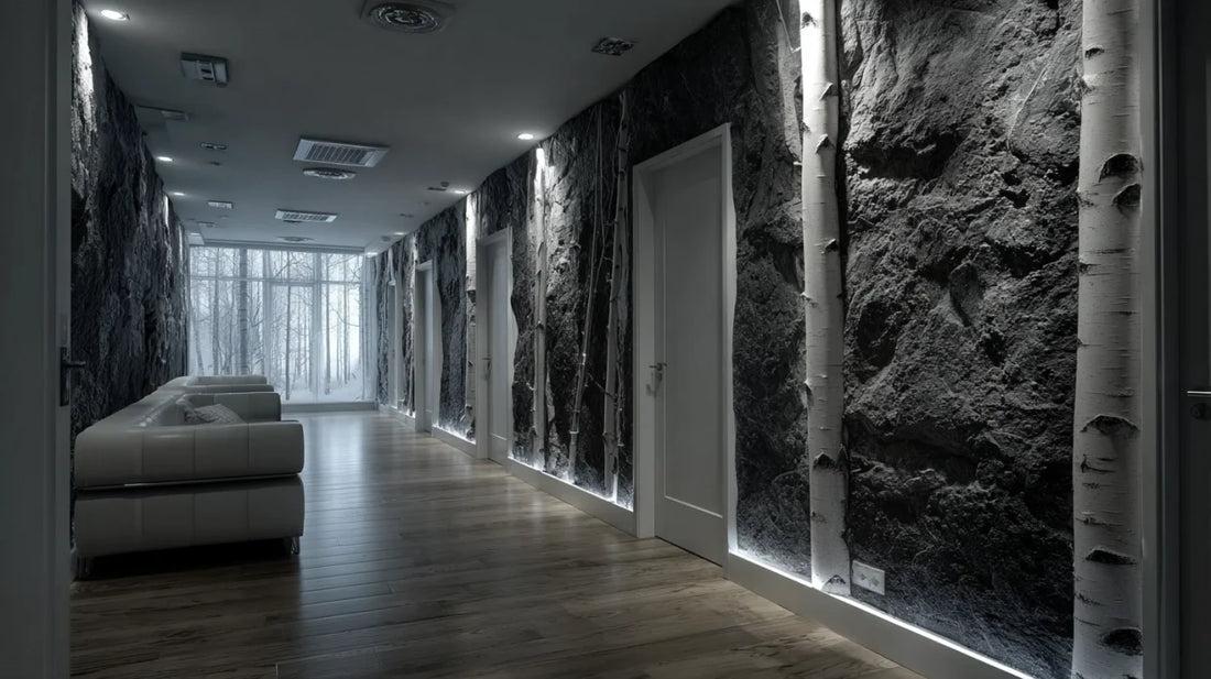 Hallway wall idea with rock wall and birch logs – design Birch Logs in Rock Hallway (visualization)