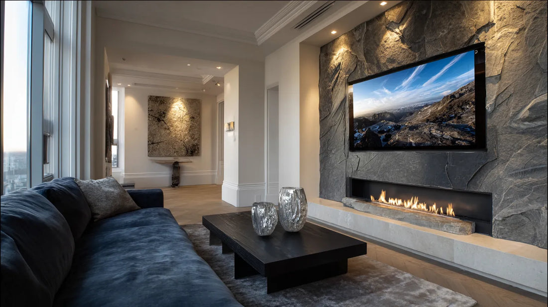 Stone effect wall panels in slate look in a living room – design Elegant Slate Wall (visualization)