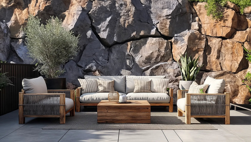 Garden privacy screen in stone look – design Fractured Stone Garden Wall (visualization)