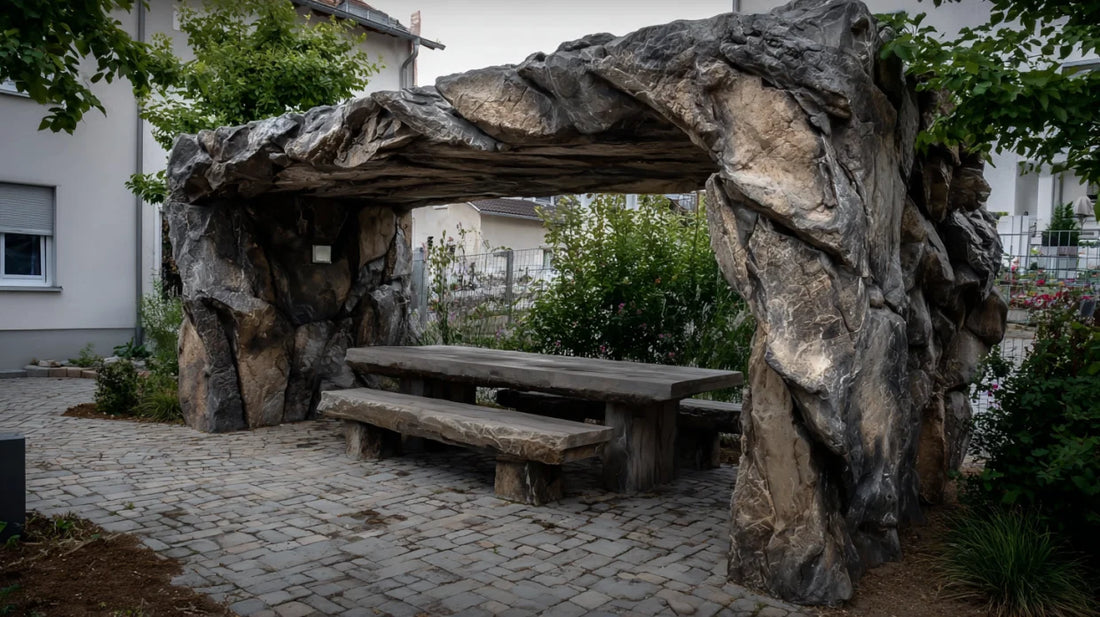 Outdoor kitchen ideas with a dark rock wall and pergola – design Garden Dark Rock Pergola (visualization)
