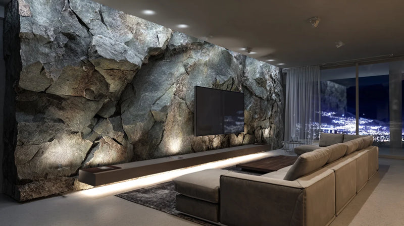 Living room TV wall idea with massive 3D rock cladding – design Massive Rock TV Wall (visualization)