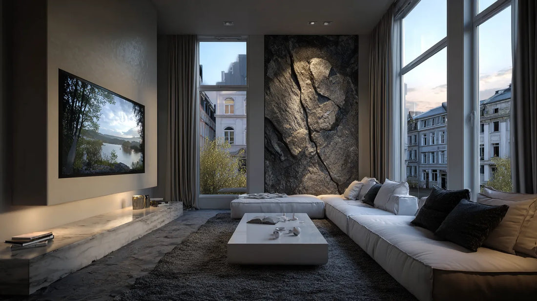 Deep relief 3D wall cladding in rock look – design Massive Split Rock Wall (visualization)