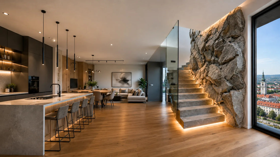 Faux stone wall panels on a staircase wall – design Modern Rock Wall Staircase (visualization)