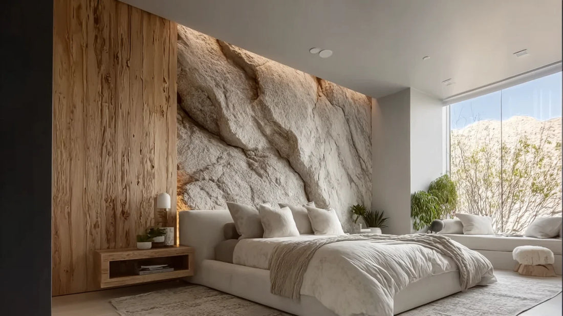 Sandstone wall cladding in canyon style behind a bed – design Natural Canyon Bedroom Wall (visualization)