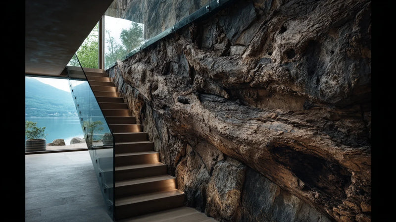 Chalet style interior with aged-wood wall on a staircase – design Old Wood Staircase Wall (visualization)