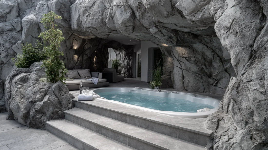 Hotel spa design with an artificial rock cave around an outdoor whirlpool – design Outdoor Cave Spa (visualization)