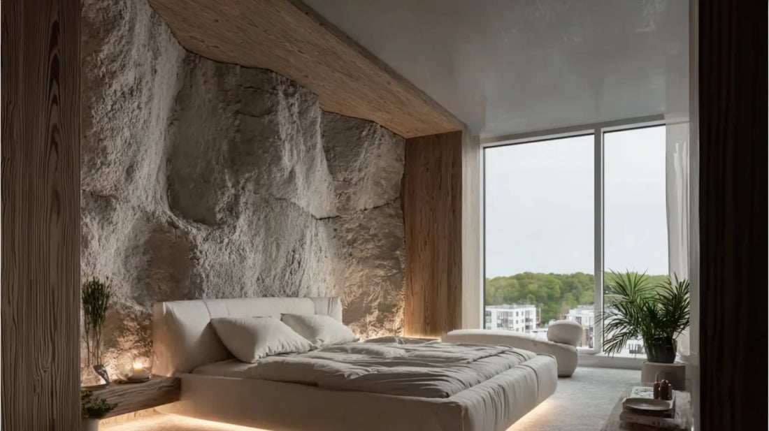 Bedroom feature wall behind the bed in limestone look – design Sandy Limestone Bedroom Wall (visualization)