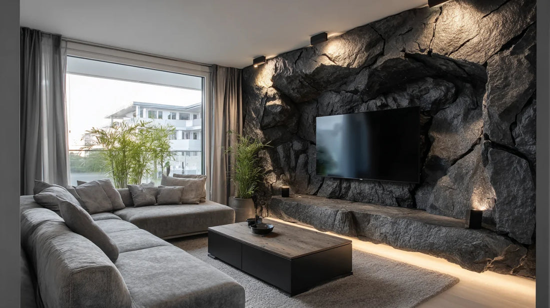 Home cinema room idea: volcanic rock wall around a large screen – design Volcano TV Wall (visualization)