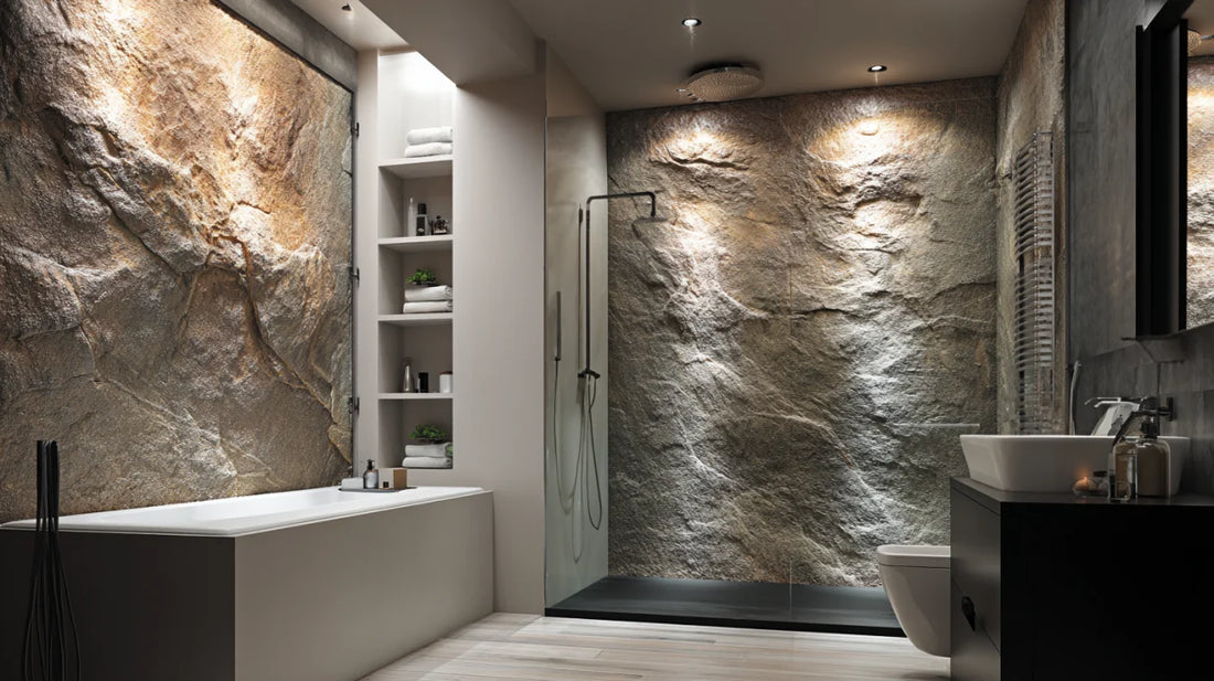 Wall cladding over tiles in a bathroom with warm stone look – design Warm Beige Stone Bathroom Wall (visualization)