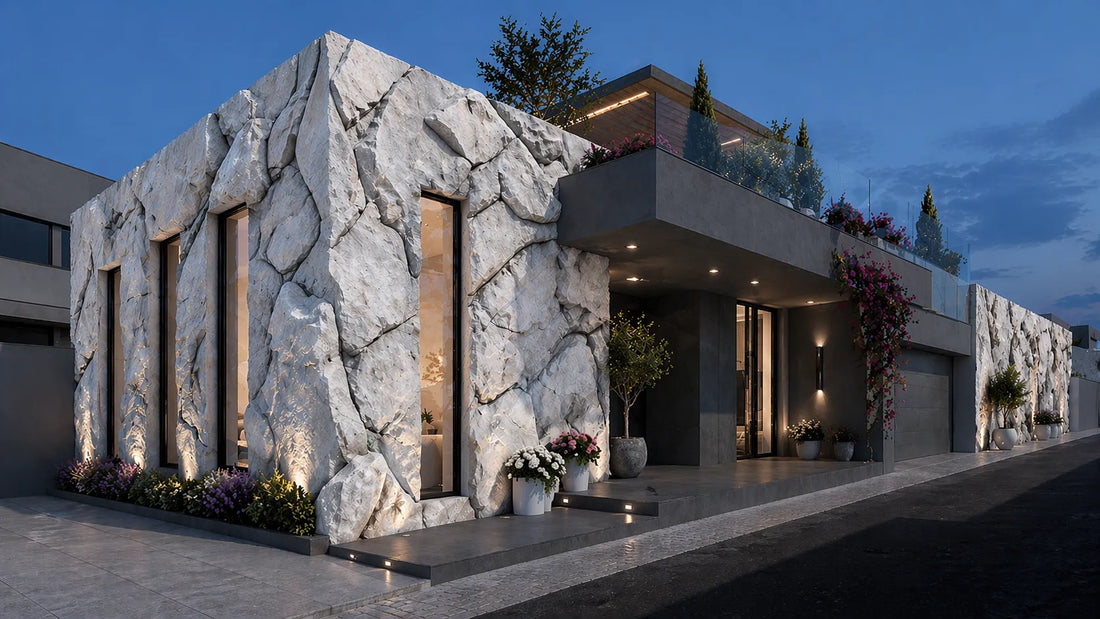 Front entrance idea with light stone-look facade cladding – design White Dream Facade (visualization)