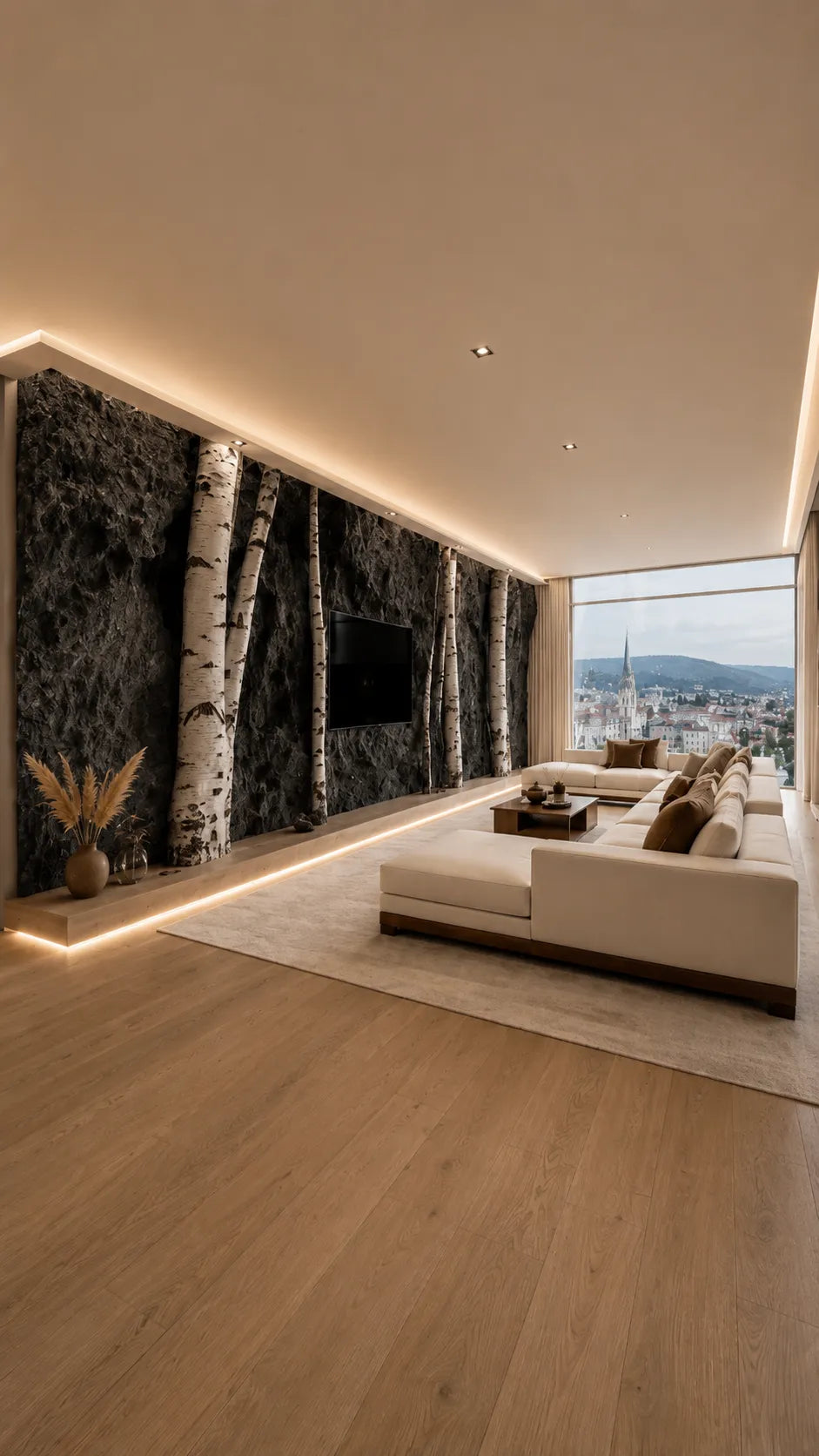 Dark Rock TV Wall with Birch Trunks