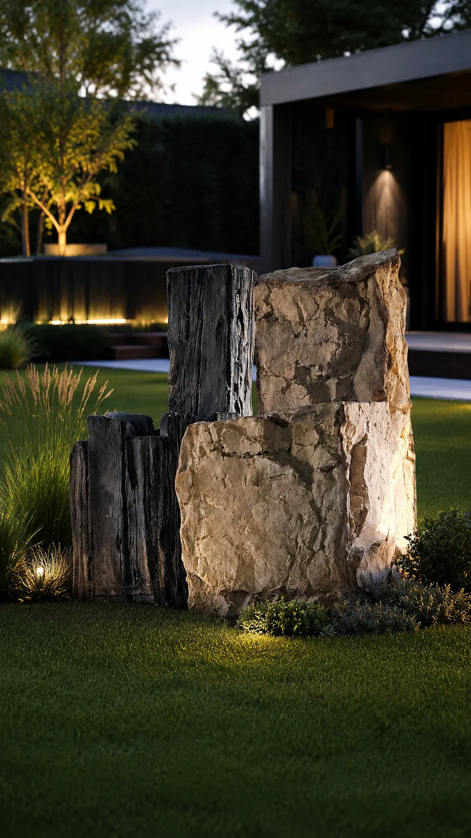 Stone and Aged Wood Garden Fountain