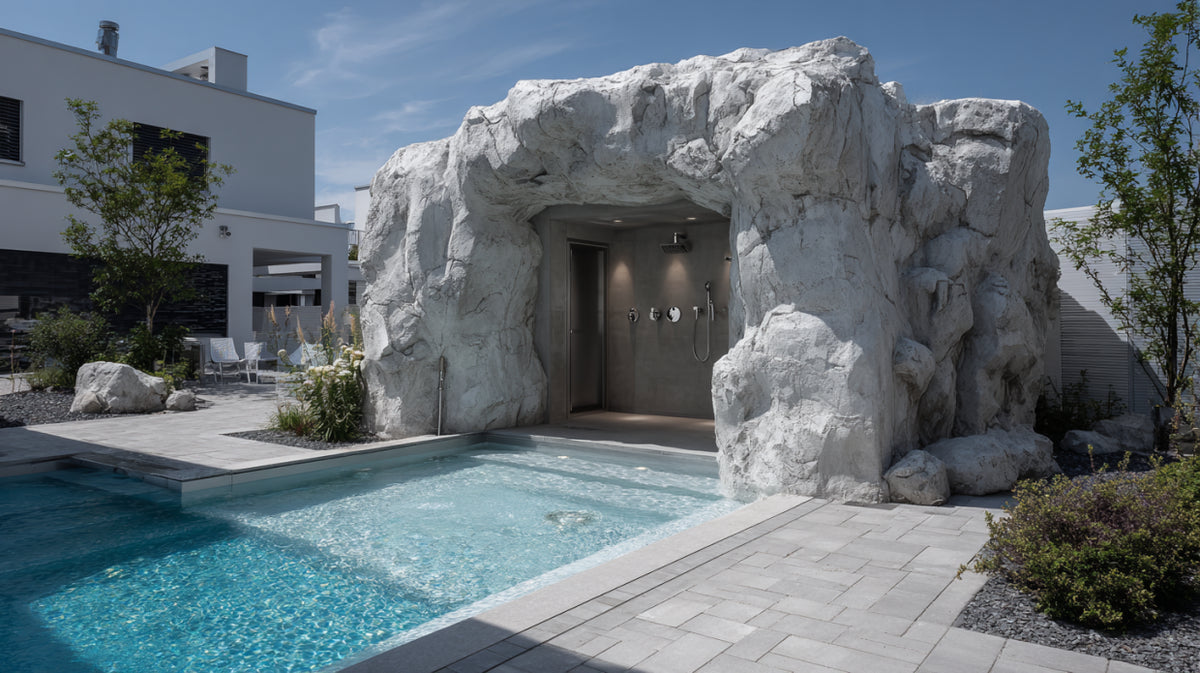 Zona doccia piscina con grotta rocciosa