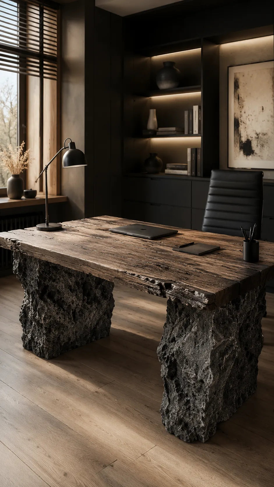 Aged Wood Desk on Stone Pillars