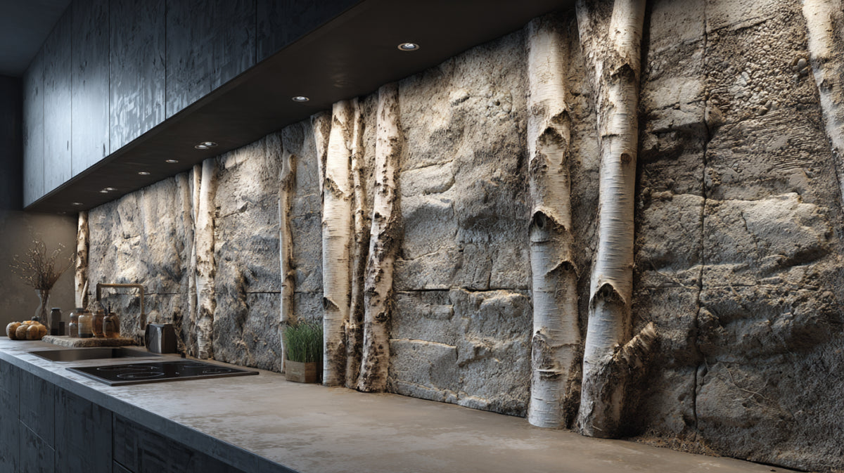 Rivestimento cucina in roccia con tronchi di betulla