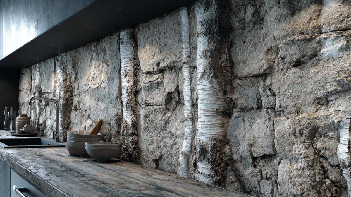 Rivestimento cucina in roccia con betulla scolpita