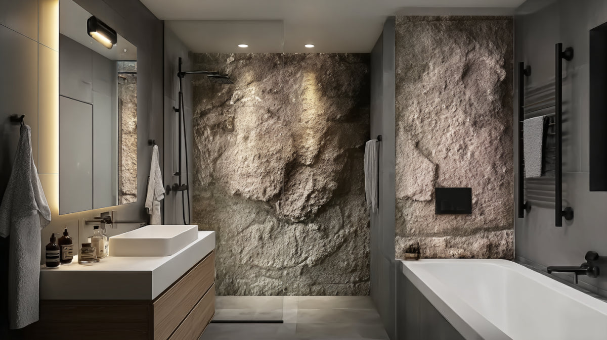 Parete bagno in roccia effetto cemento