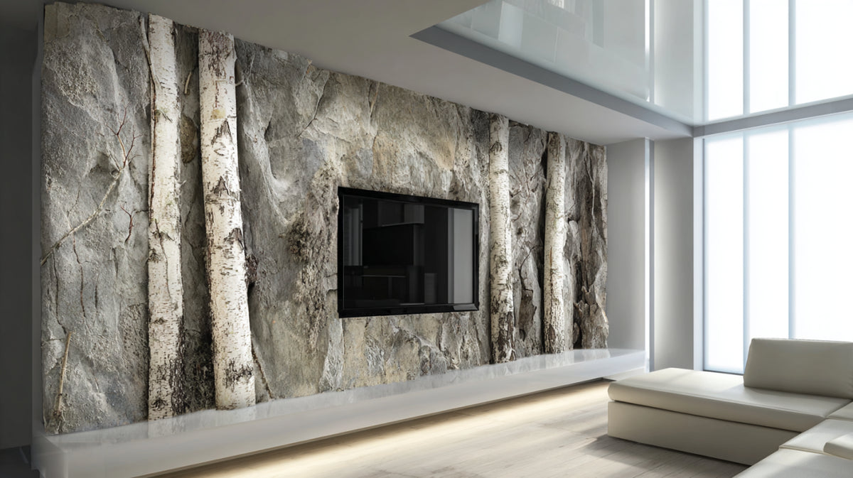 Carved Birch In Stone TV Wall