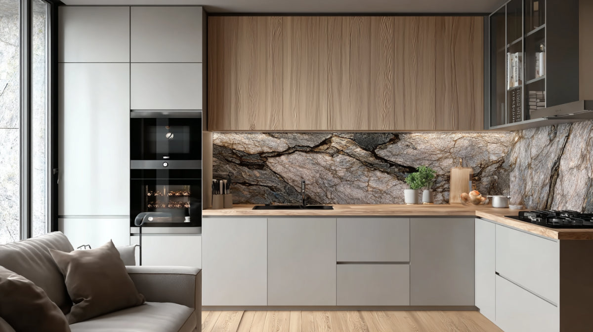Rivestimento cucina in granito venato d'oro