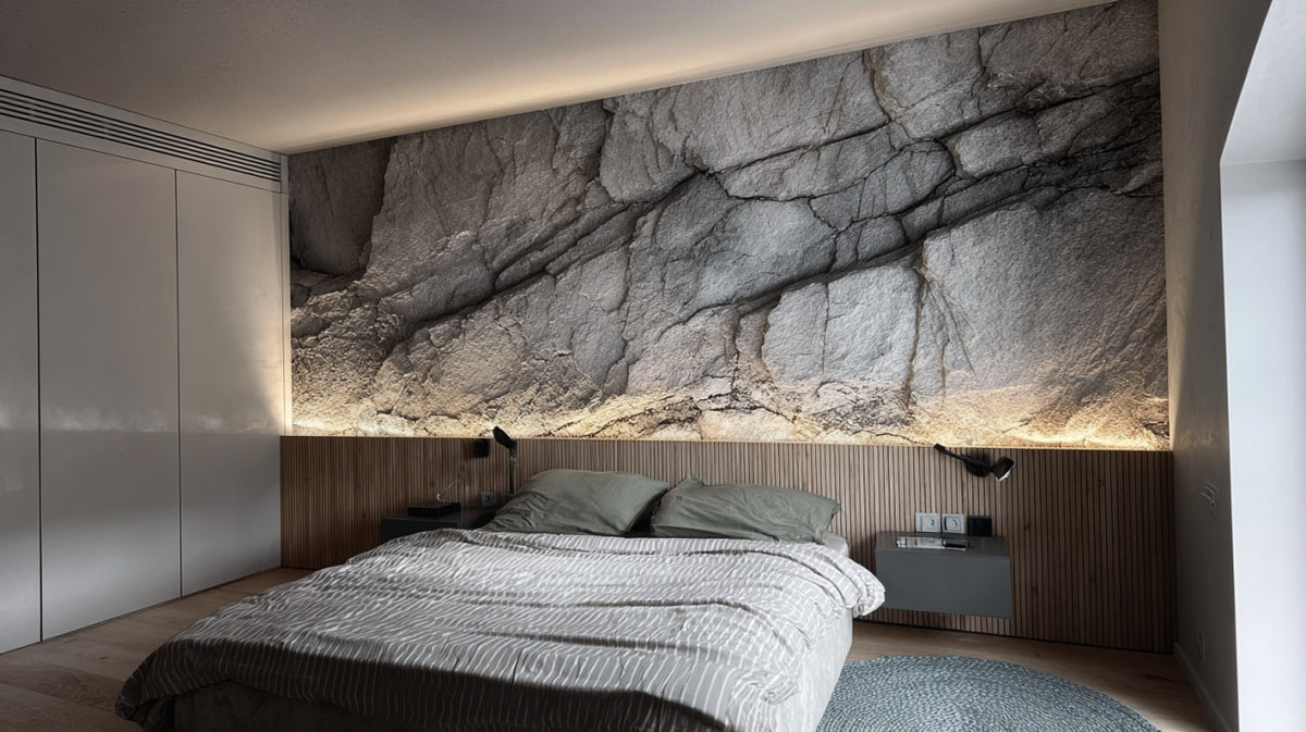 Parete camera da letto in roccia grigia grezza
