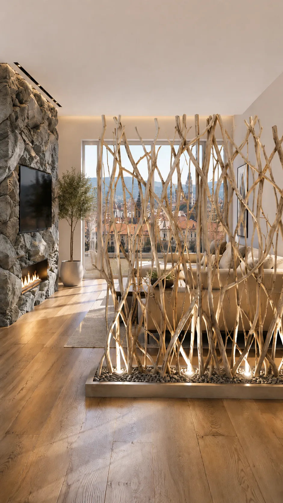 Natural Branch Room Divider with LED Base