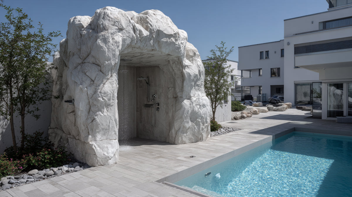 Zona doccia con piccola piscina in roccia