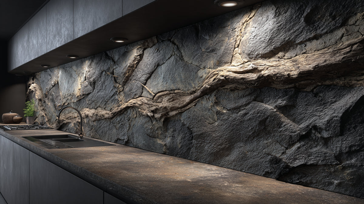 Rivestimento cucina in ardesia con radici
