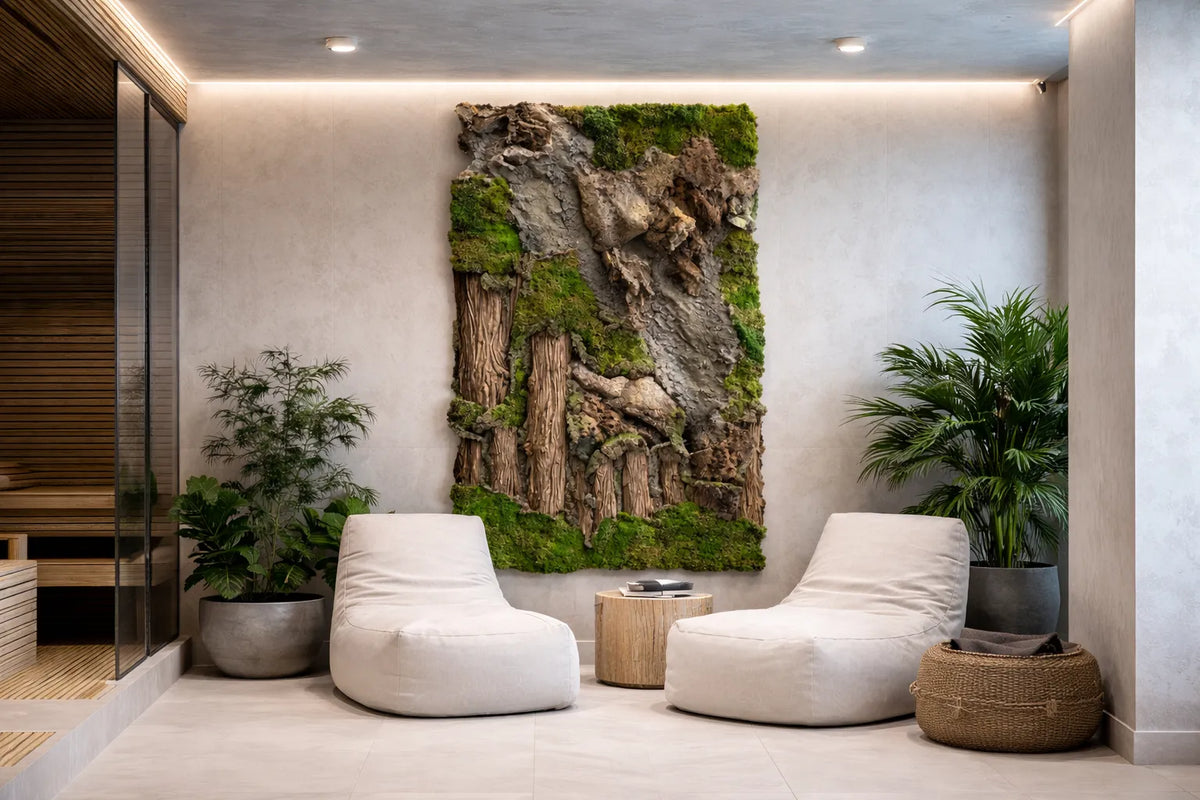Pared verde con tocones de árbol