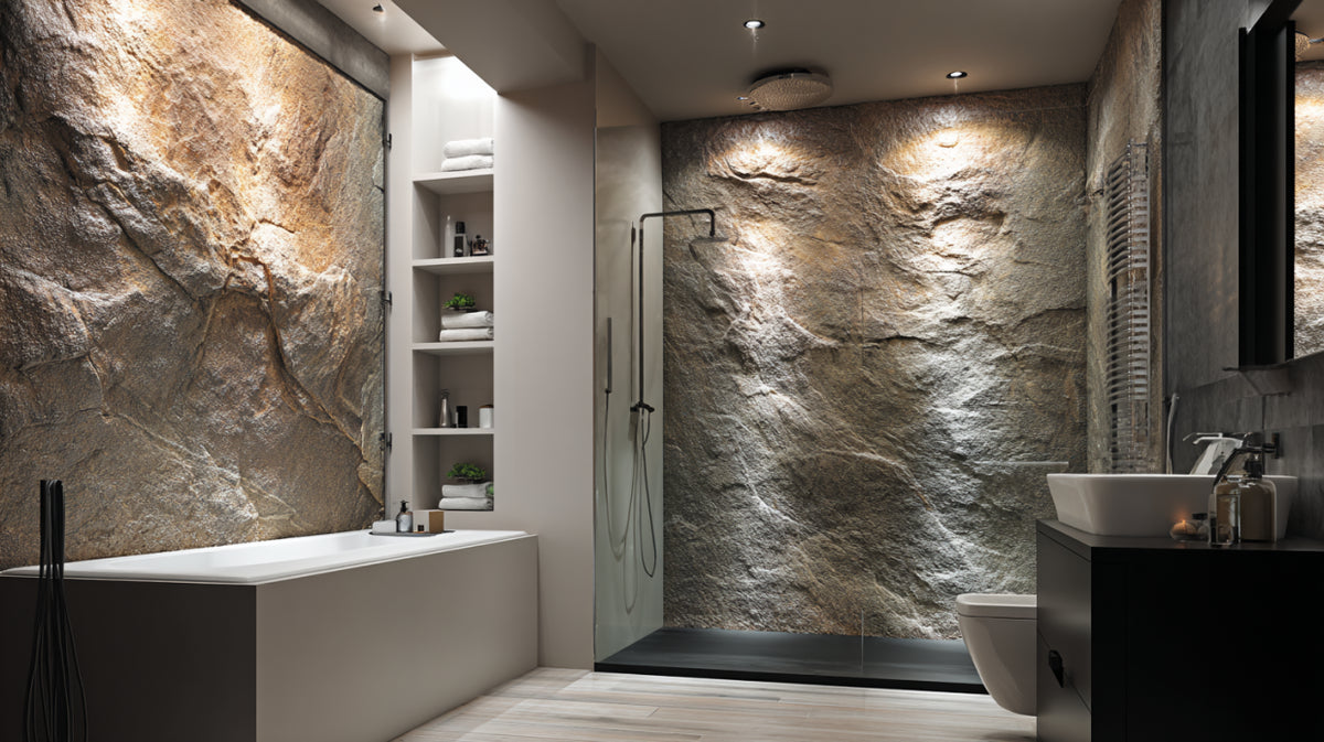 Parete bagno in pietra beige caldo