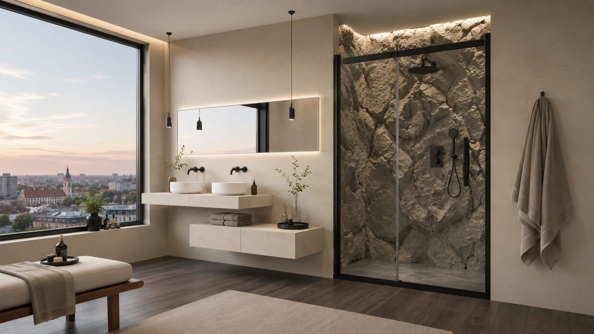 Mur de douche en béton vieilli