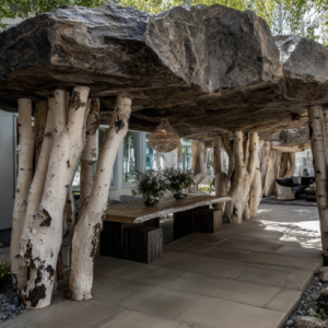 Großer Stein auf Birkenstämmen